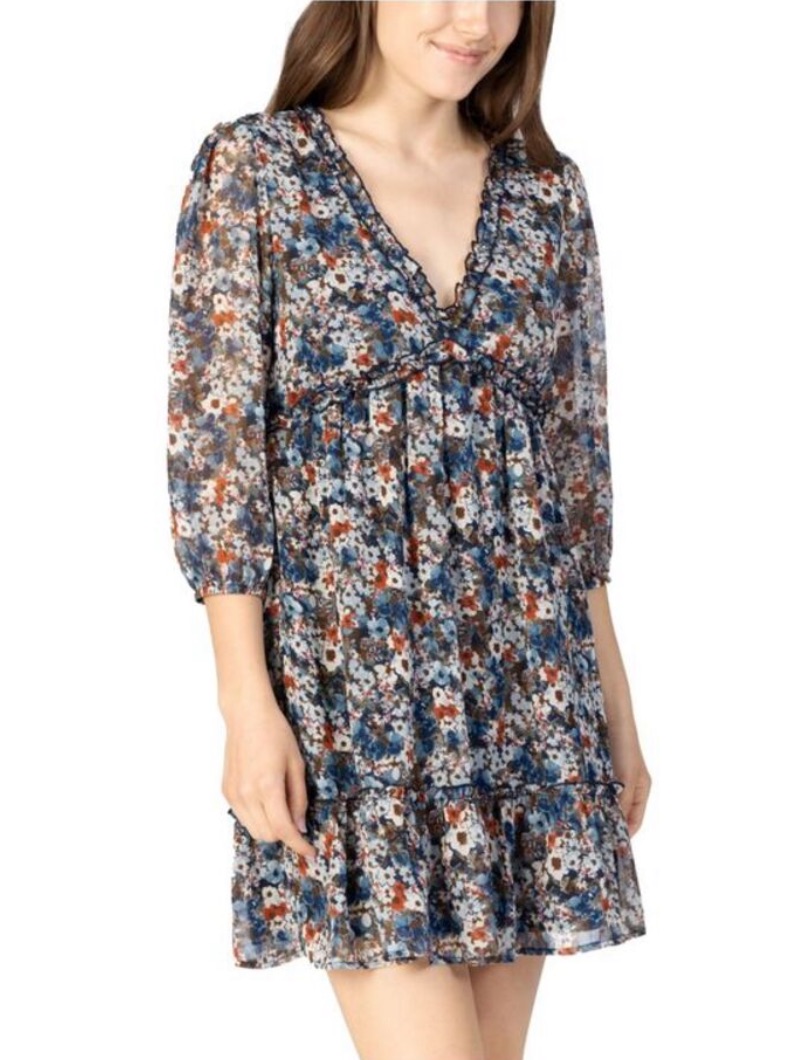 Speechless Floral Babydoll Mini Dress Ruffle Sheer 3/4 Sleeve Navy M Juniors